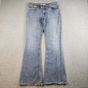 Y2K BKE Jeans Women 31x33.5 Blue Flare Leg Mid Rise Curvy Distressed Faded Denim